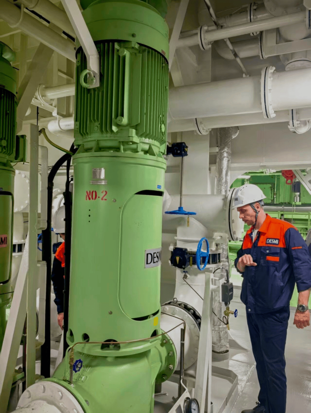 DESMI-pumpe i maskinrommet med servicetekniker