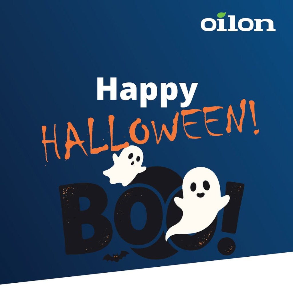 Oilon Halloween-grafikk med teksten Happy Halloween, Boo og to spøkelser