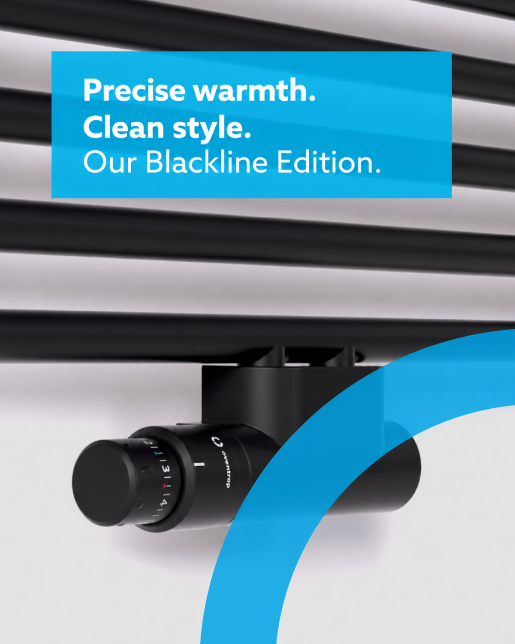 Oventrop Blackline Edition: matt svart radiatortermostat og Multiblock T-tilkobling på en svart radiator